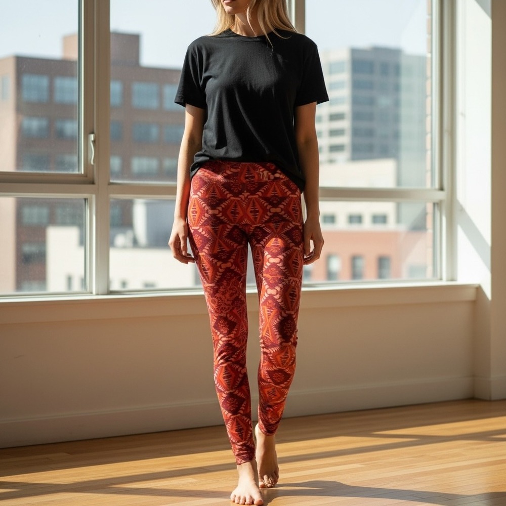 LuLaRoe One Size Leggings‎ Geometric Print Burgundy Orange Women Retro Bohemian